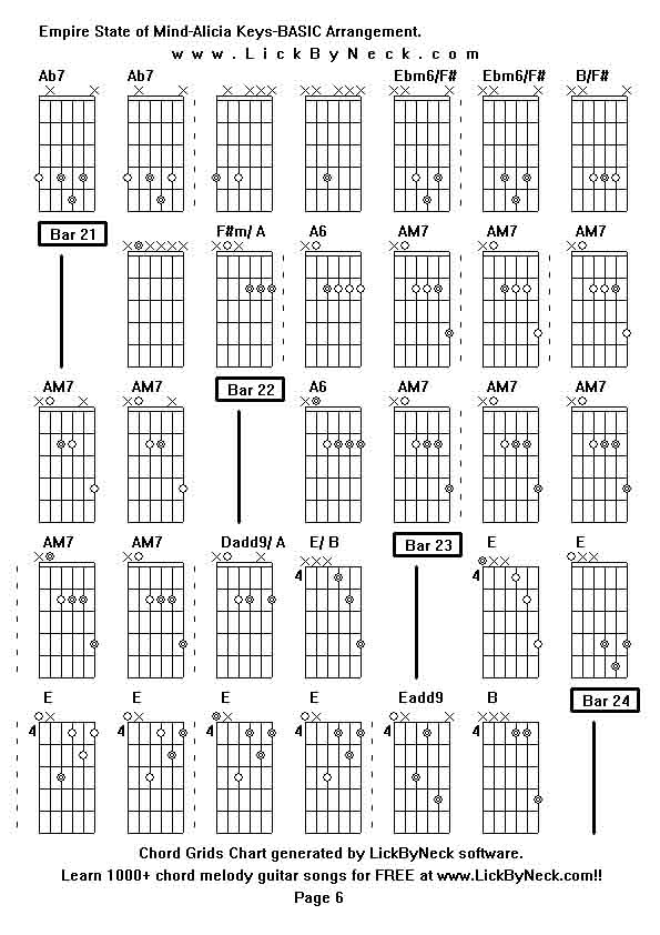 Chord Grids Chart of chord melody fingerstyle guitar song-Empire State of Mind-Alicia Keys-BASIC Arrangement,generated by LickByNeck software.